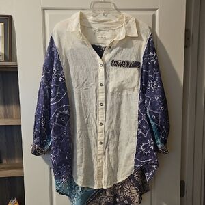 We The Free Cream and Navy Patterned Shirt